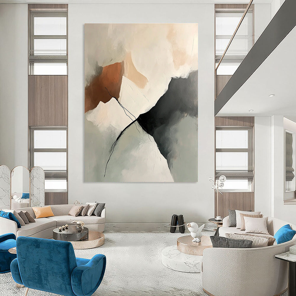 Large abstract painting featuring soft neutral tones and textured brush strokes with an isolated mountain range in shades of beige gray and peach.STSC800