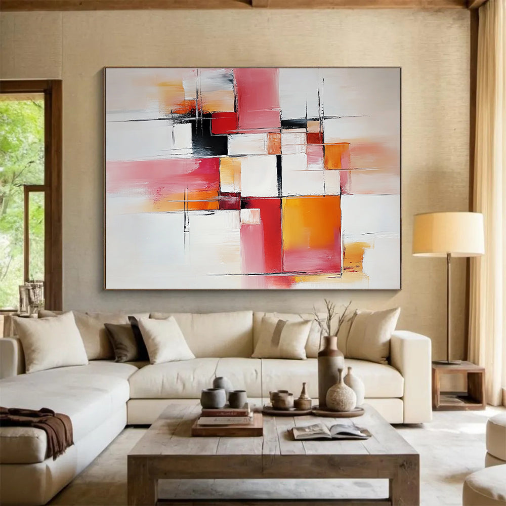 Pink Orange and White Abstract Painting with Geometric Shapes GER681