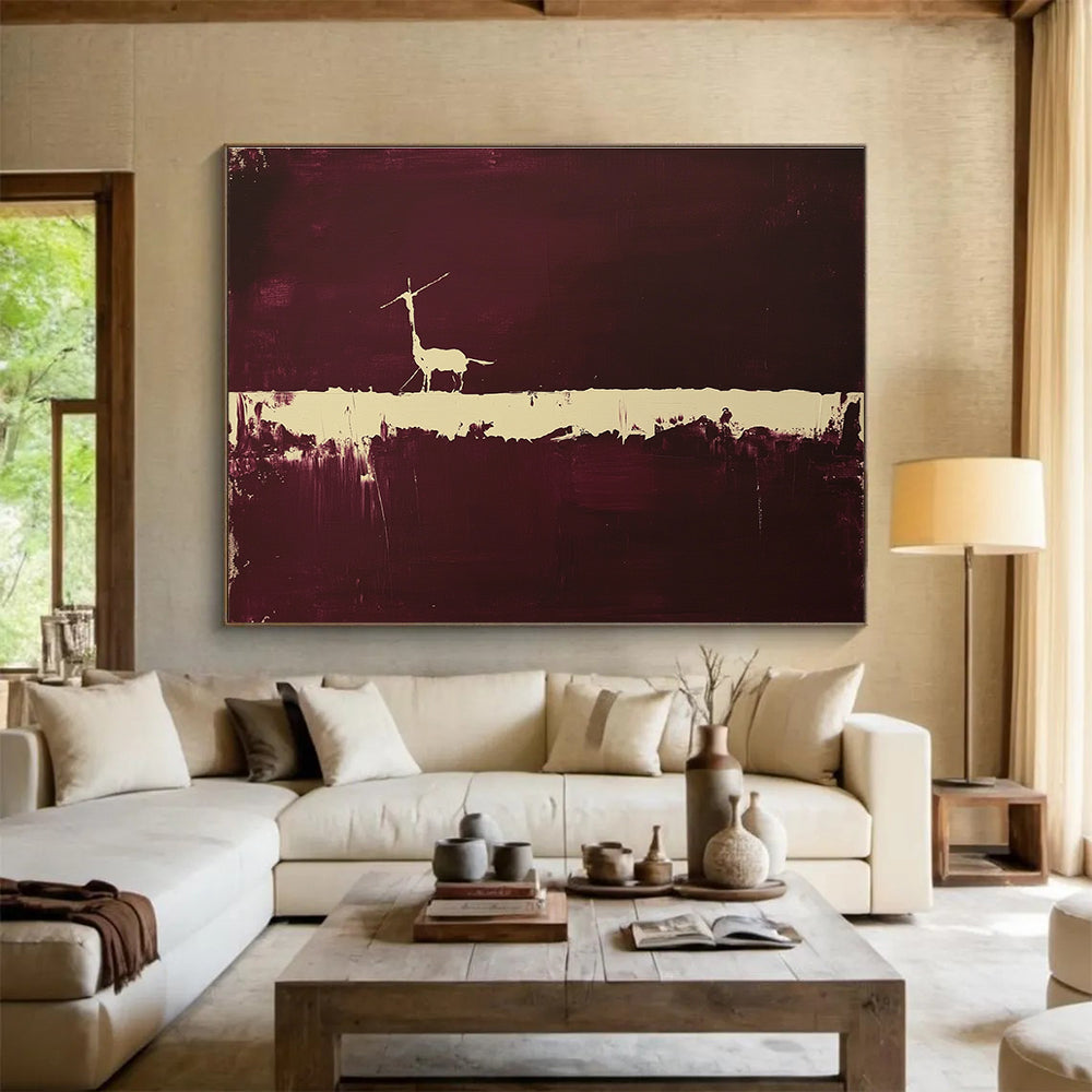 Large abstract painting featuring a minimalistic animal silhouette against a dark maroon backdrop with a striking white line drawing.SC094