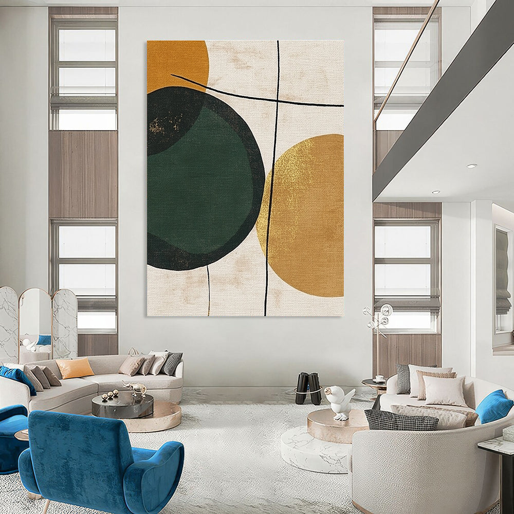 Large abstract painting featuring a green circle on a beige background with gold lines brown circles and minimalist black line drawings in organic forms.STSC467