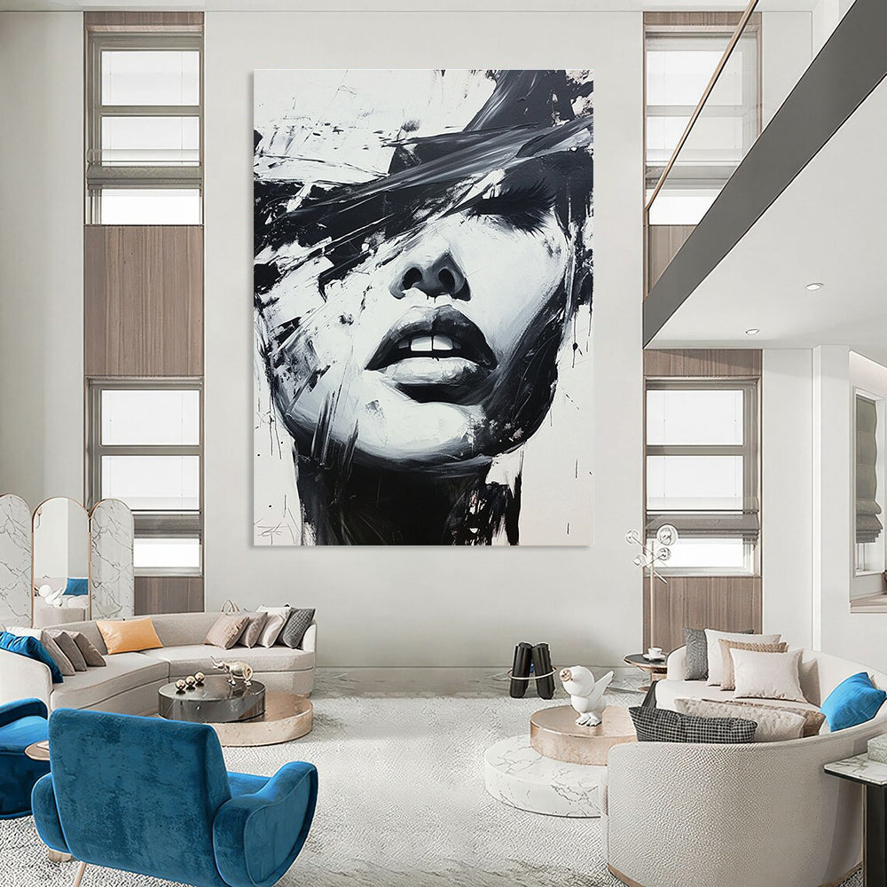 Large abstract black and white painting of a woman's face featuring expressive oil paint splatters in a dynamic graffiti style.STSC023