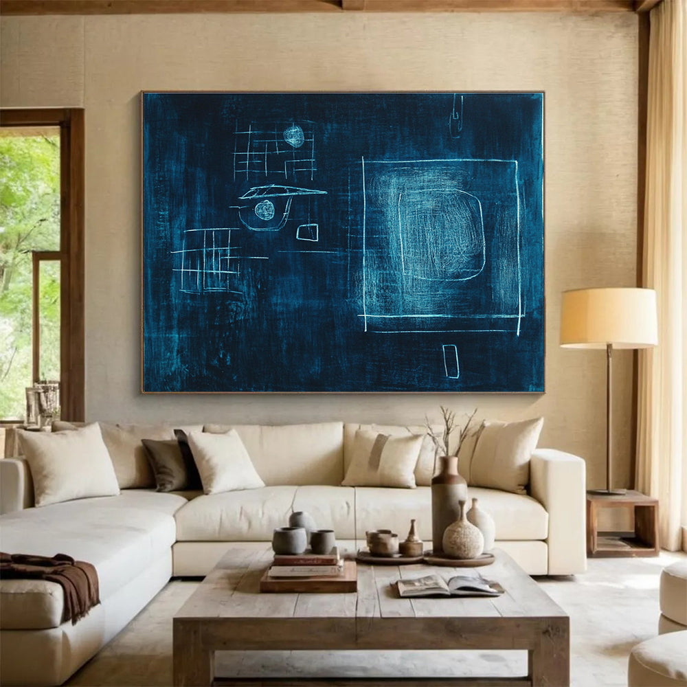 Large abstract painting in dark blue with glowing light and shapes, inspired by Paul Klee, featuring a dreamy atmosphere and bold lines.SC348