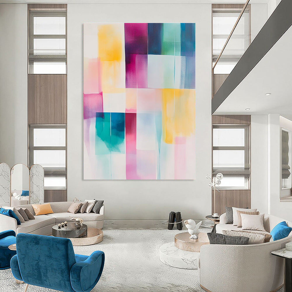 Large abstract painting in soft pastel colors featuring geometric blocks of pink yellow teal and white for a calming artistic touch.STSC804