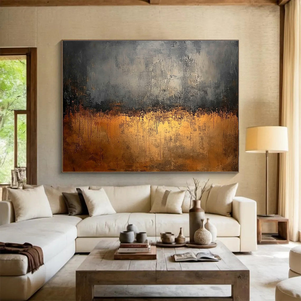 Large abstract painting featuring gray and brown tones with a dark background and golden metal surface highlighting rusty steel elements.SC146