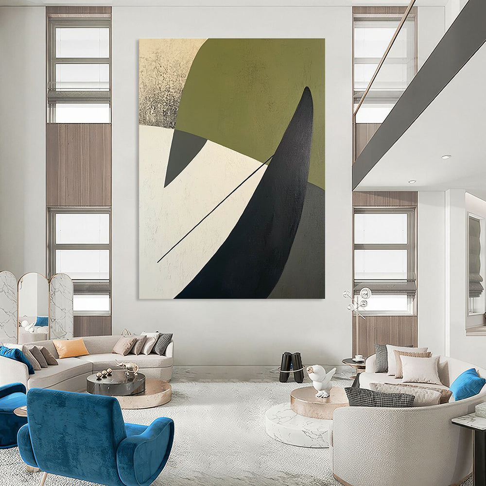 A large abstract painting featuring green white and black shapes on a beige background with a dark gray arrow-like line on the left side.STSC684