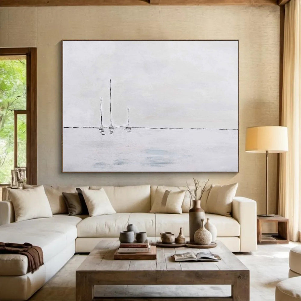 Minimalist Sailboats Abstract Painting with Monochromatic Palette THY263