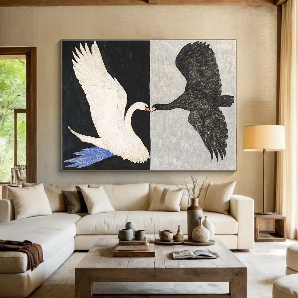 Large abstract painting of a swan and eagle in flight touching beaks on contrasting backgrounds of white and grey.SC558