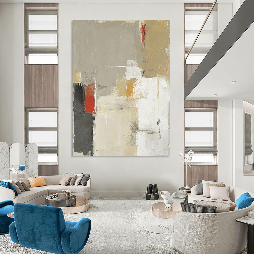 Large abstract painting in beige and gray with red accents featuring soft brush strokes and bold shapes.STSC616
