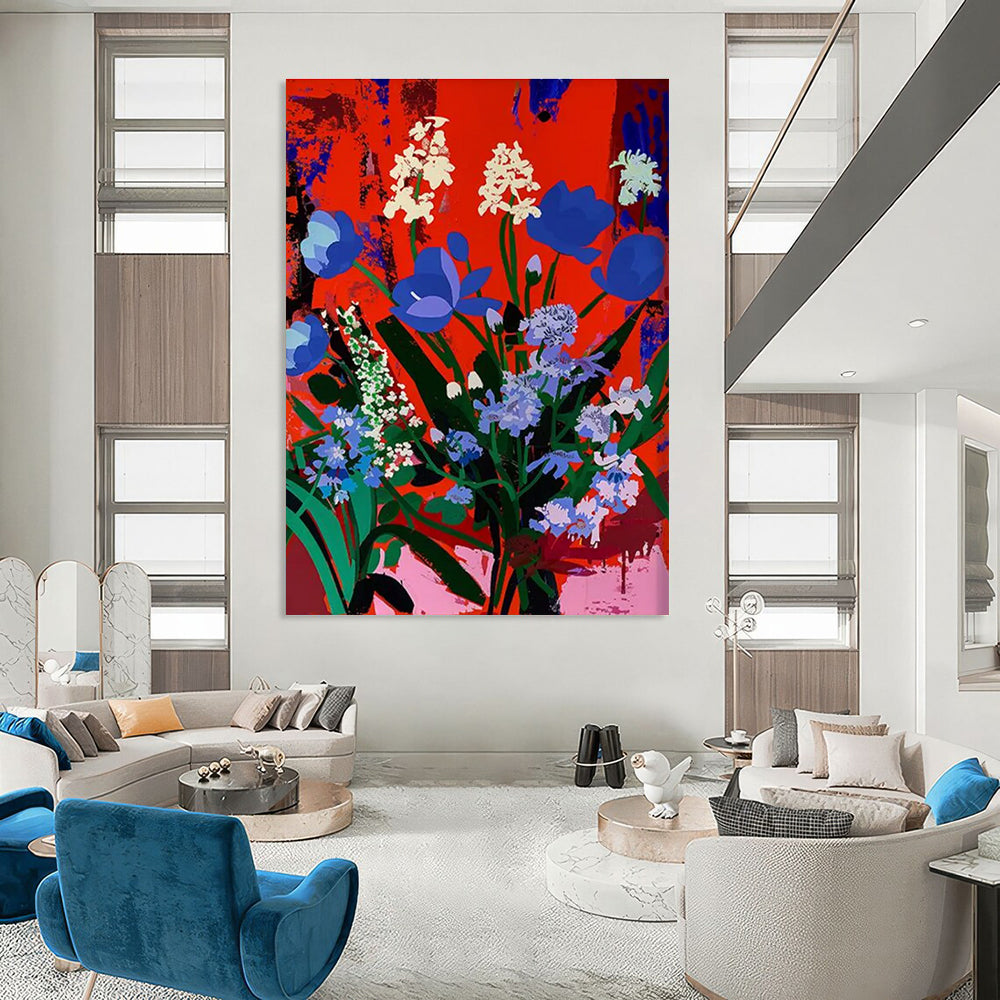 Blue and White Blooms on Red Abstract Flower Painting ADGE101