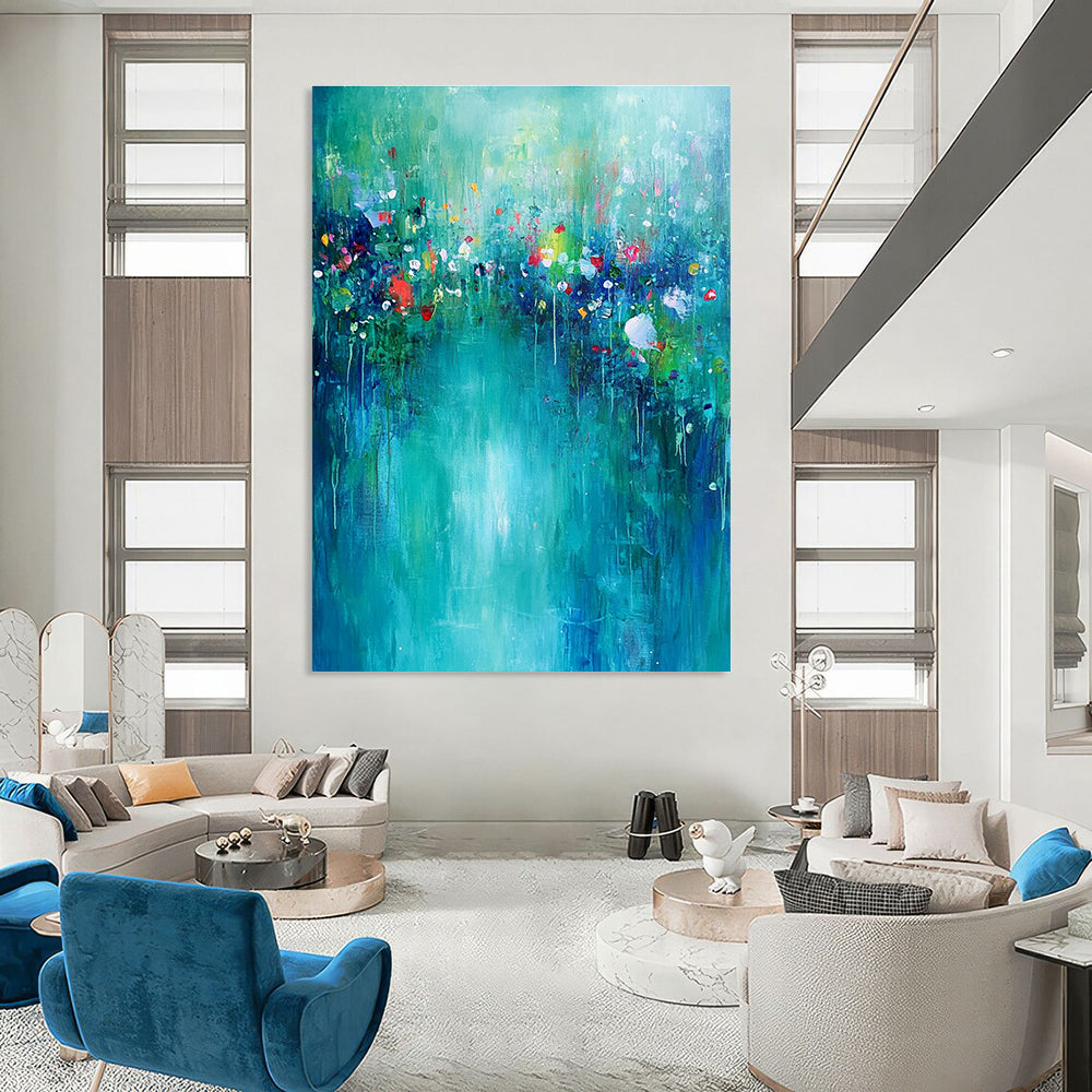 Large abstract painting of an underwater garden featuring vibrant greens and blues with small flowers on a soft turquoise background, evoking calm and tranquility.STSC274
