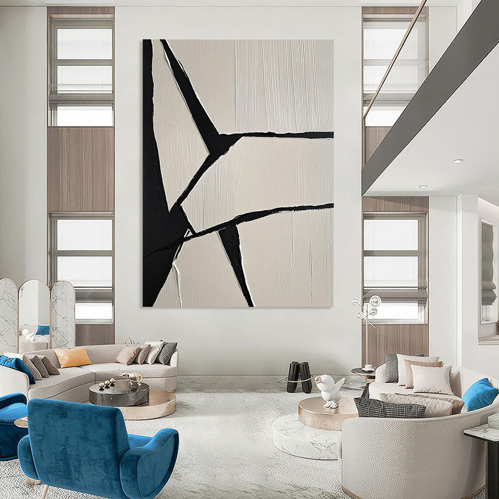 Large abstract painting featuring crumpled paper texture geometric shapes and a cloth detail in a modern gray color scheme.STSC1247