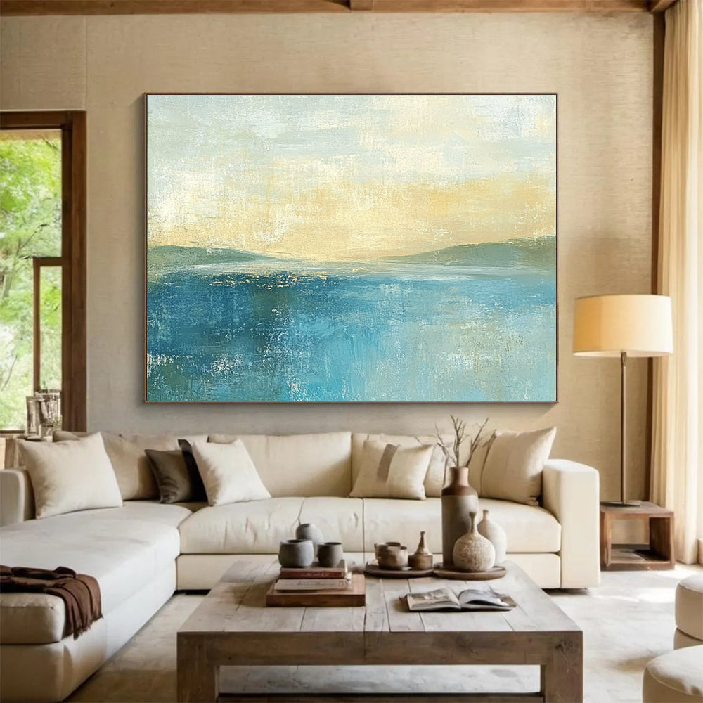 Abstract painting featuring soft colors in muted blues and greens with a pale yellow sky gentle horizon and serene sea.SC085