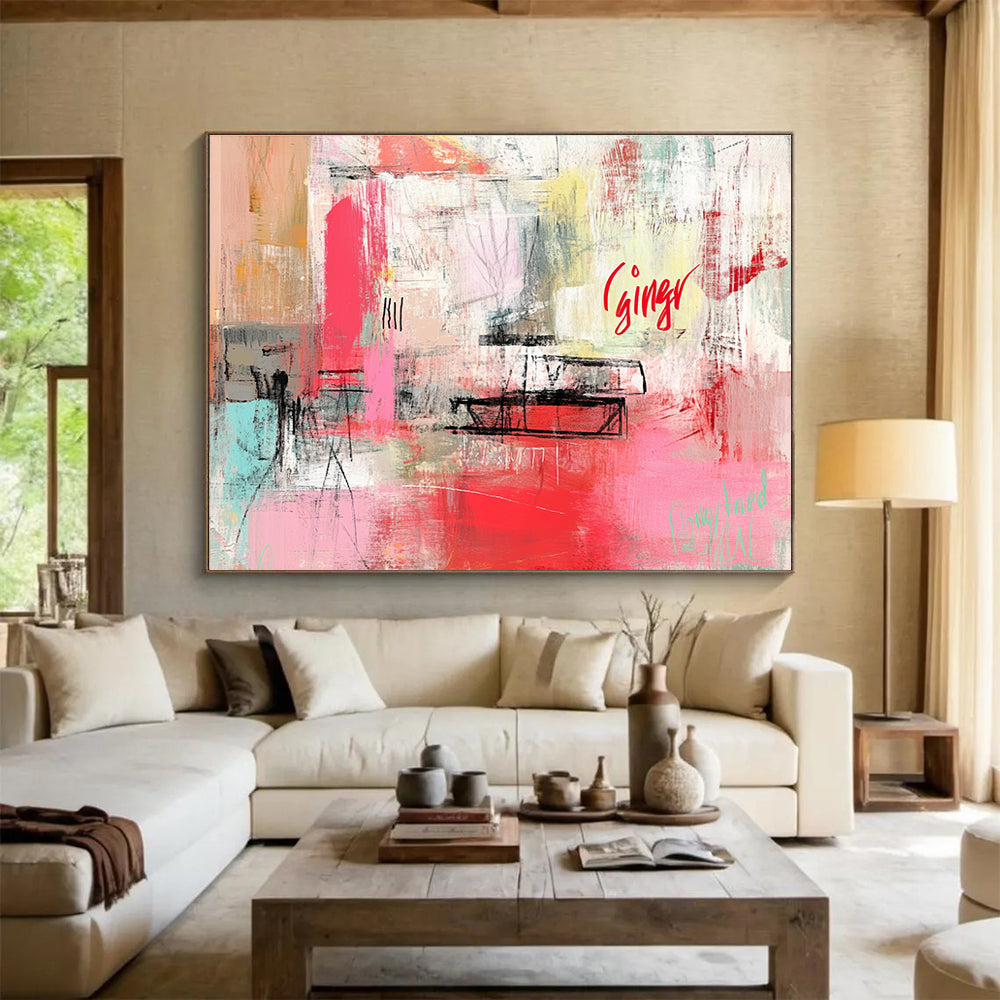 Large abstract painting featuring a dynamic pink and red color palette, organic shapes, blurred imagery, and bold text reading ginger in cursive script.SC275
