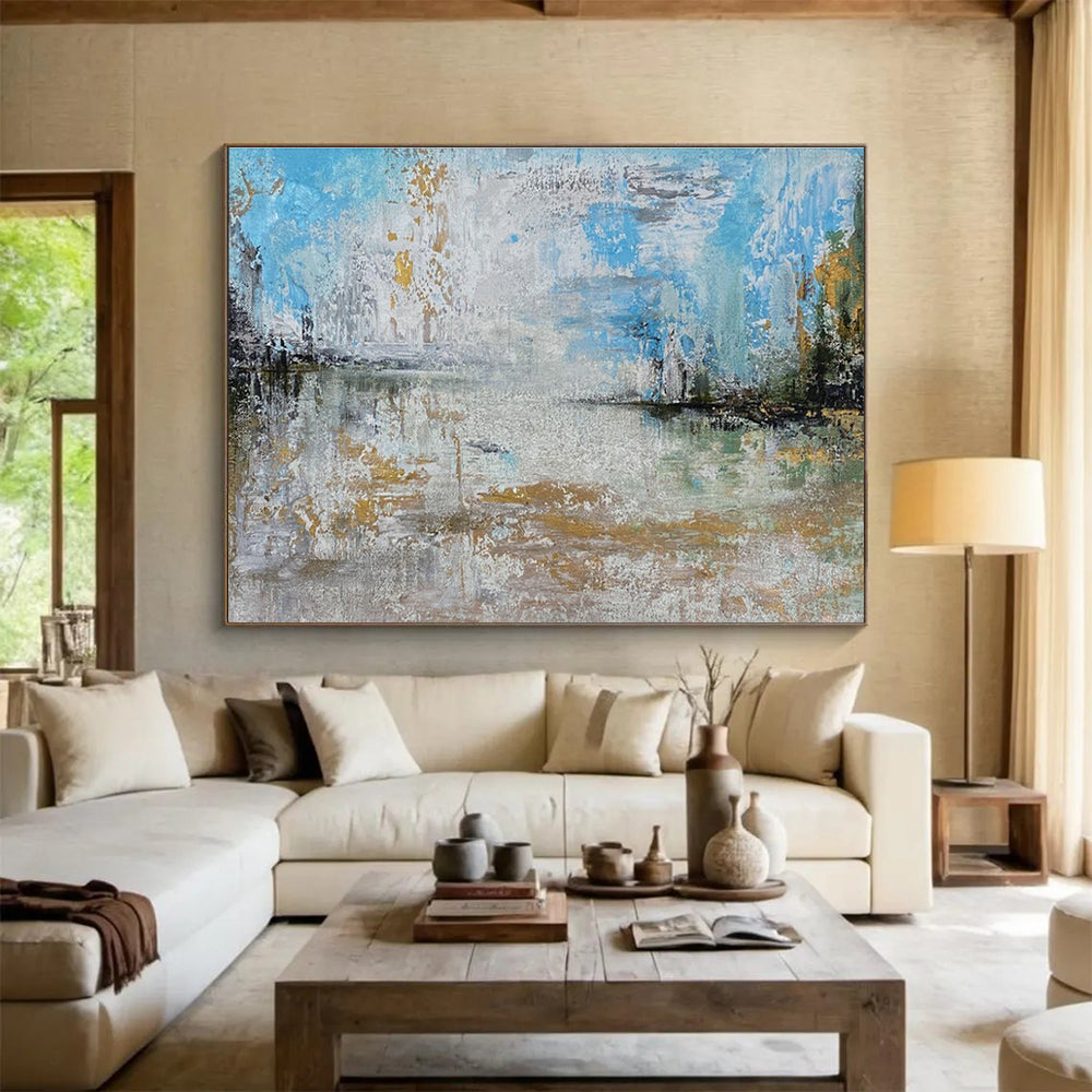 Lake View Abstract Painting with Blue Gray and Gold Reflections THY348