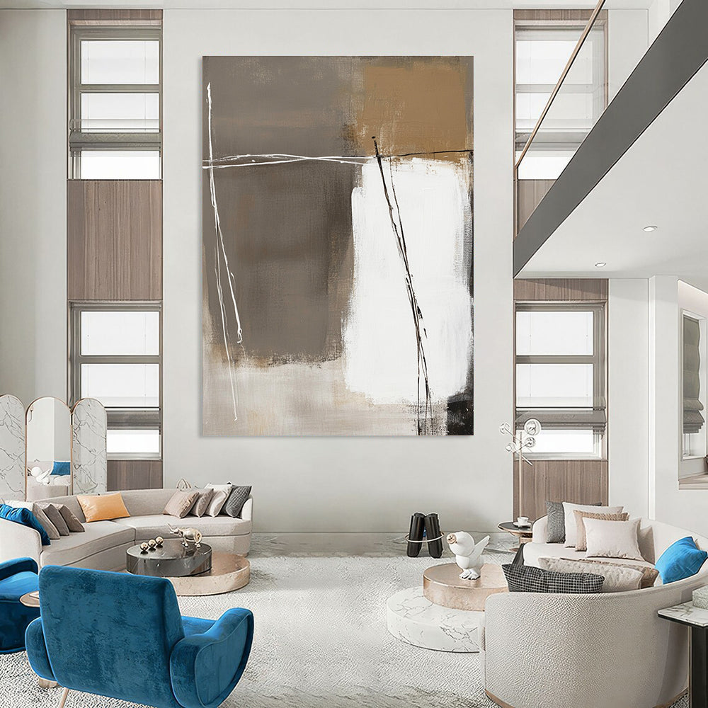 Large abstract painting in white and beige with brown accents on a dark gray background featuring thick brush strokes and hand-drawn lines.STSC564