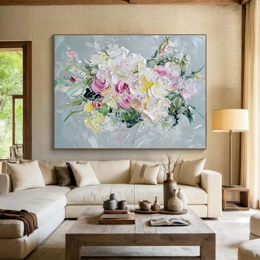 Textured Flower Bouquet Abstract Painting with Pink White and Green DYP284