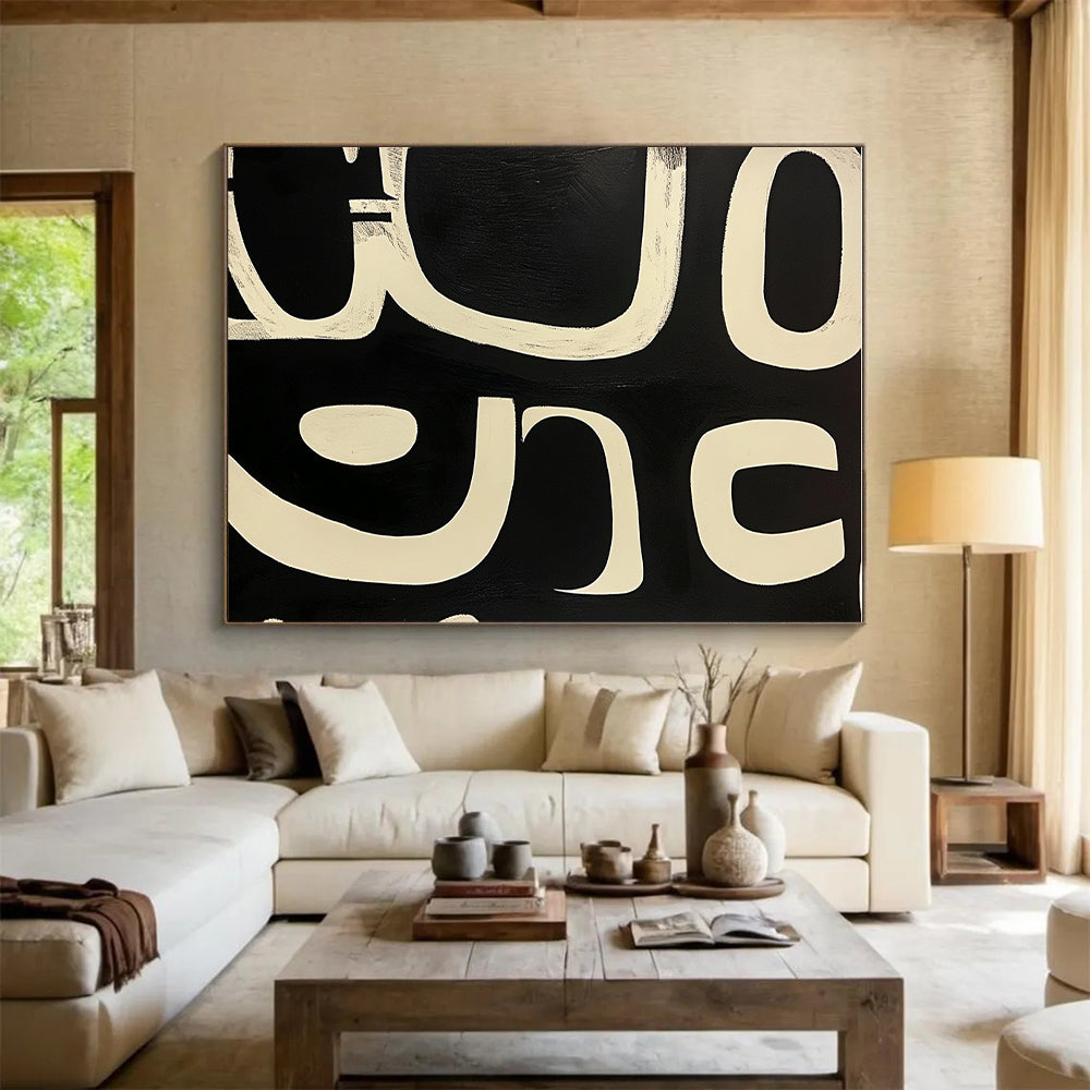 Black White Curved Forms Abstract Painting GER823