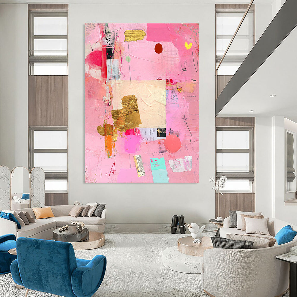 Abstract painting featuring a pink background with collage elements and soft pastel tones conveying love and romance through shapes and textures.STSC748