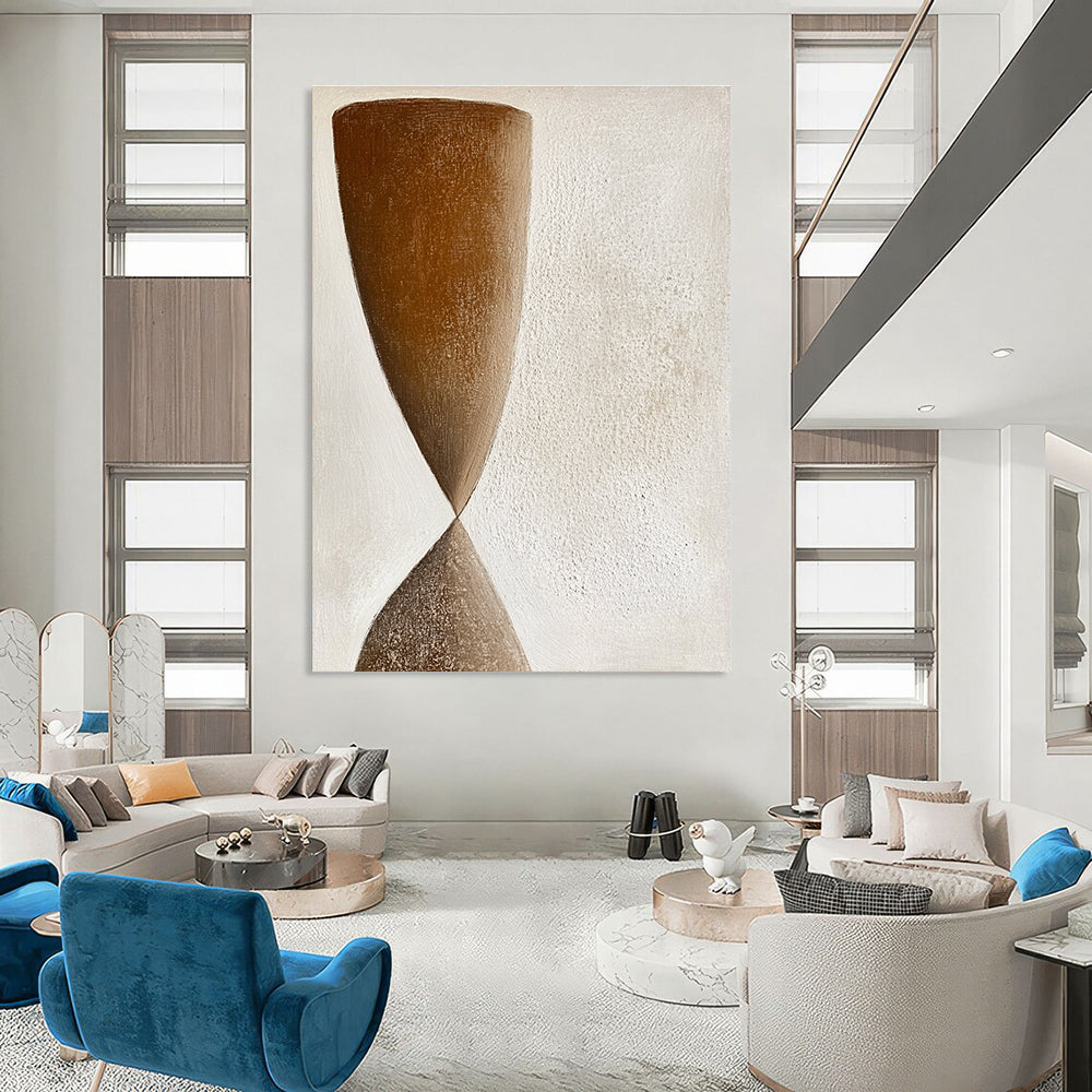 Large abstract painting featuring muted earthy tones and simple hourglass shapes in a minimalist style with soft textured brushstrokes.STSC1239