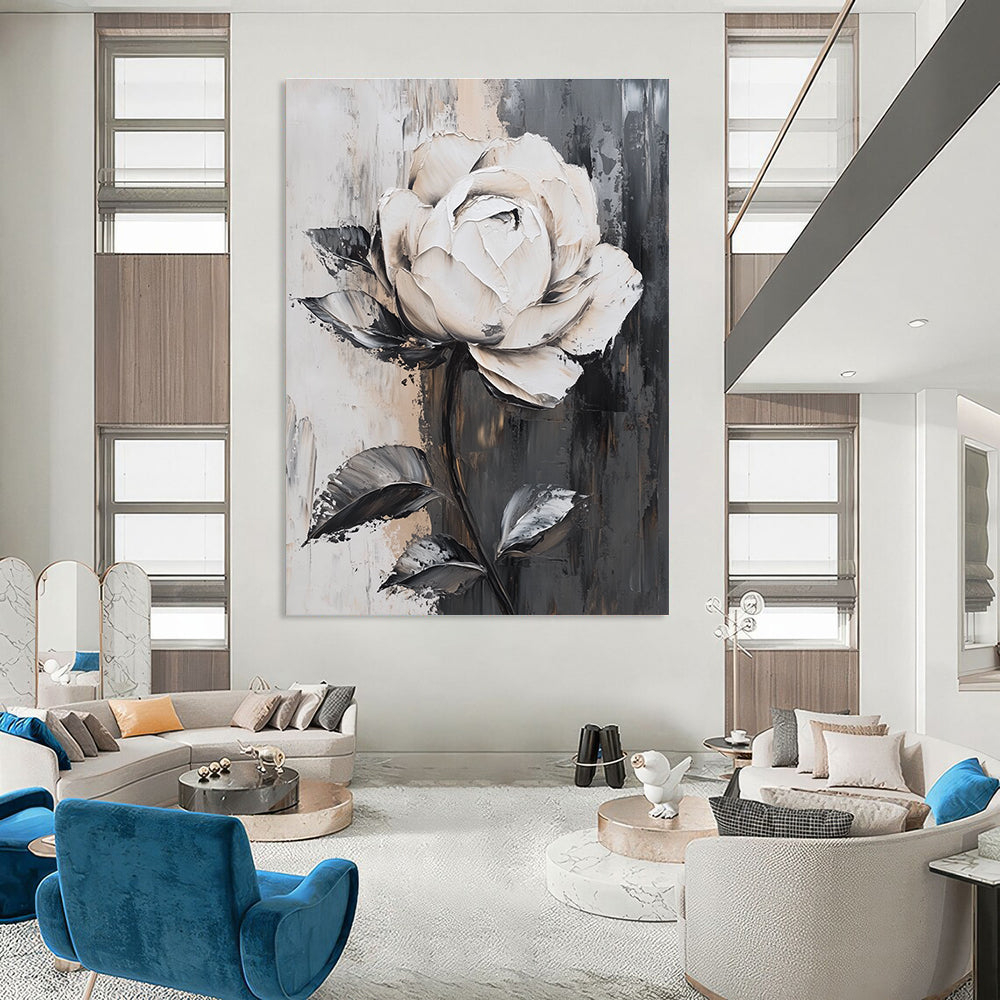 Large abstract white rose painting with exquisite details on gray background featuring elegant lines and stunning light effects in luxurious colors.STSC522