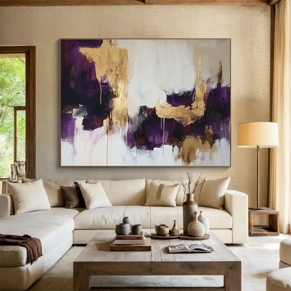 Large abstract painting in white and purple with gold hints soft edges dark tones creating an atmospheric vibe.SC212