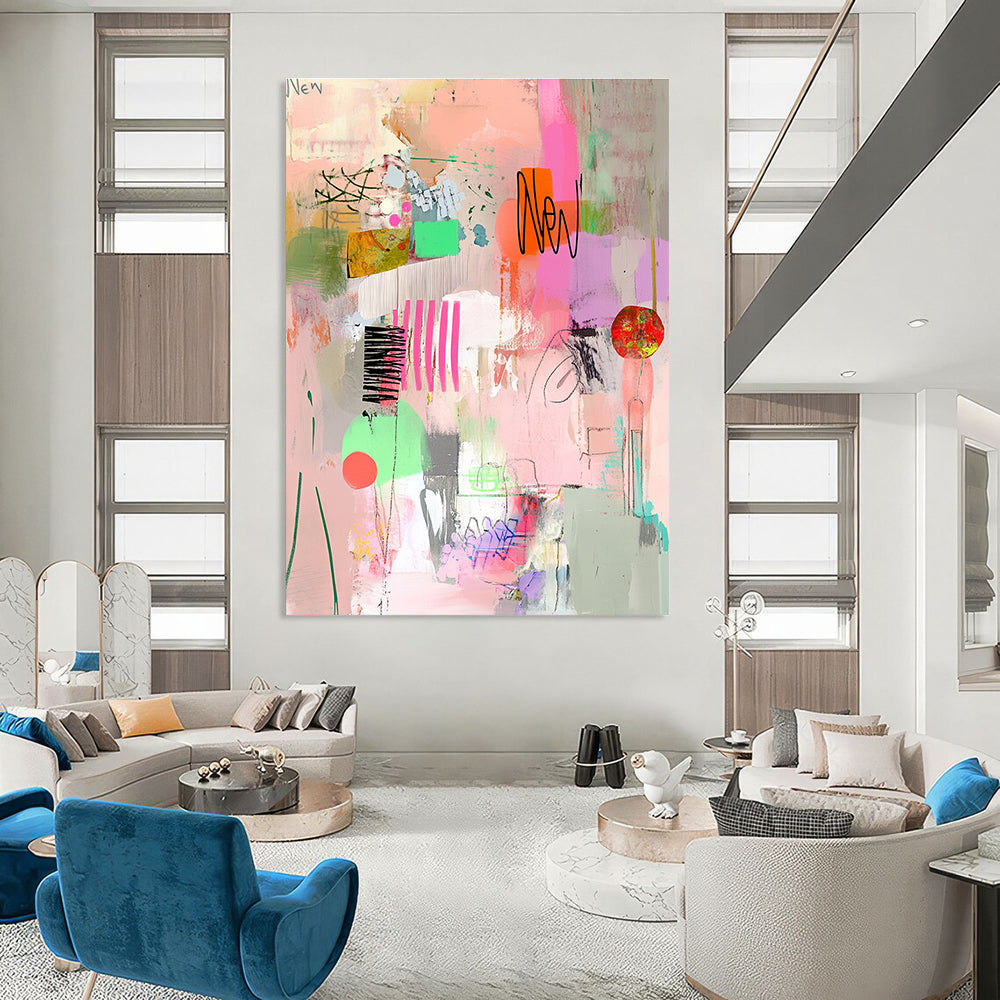 A large abstract painting featuring pink and green tones collage elements and visible brush strokes conveying a whimsical feminine sensibility.STSC649