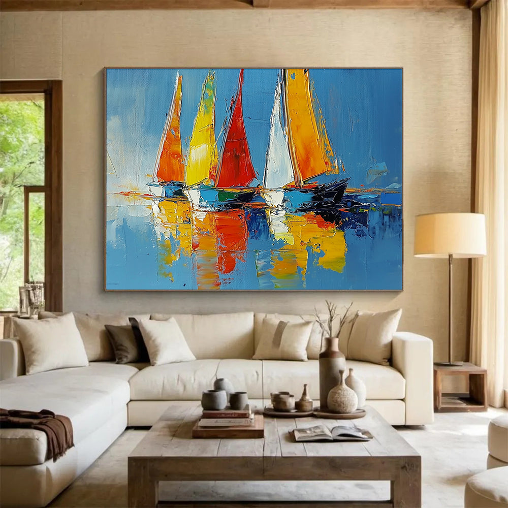 Large abstract painting of sailboats on vibrant water using palette knife techniques, showcasing energetic brushstrokes and a serene atmosphere.SC274