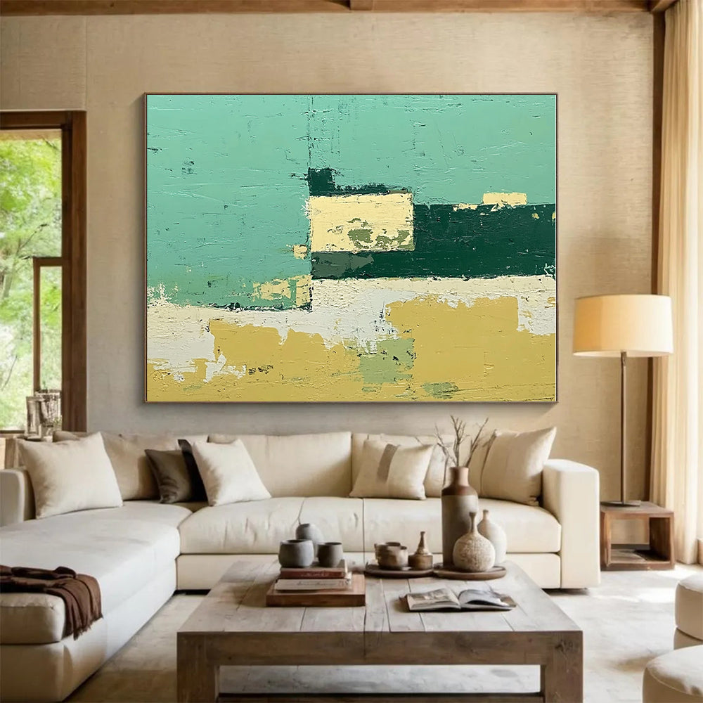 Green and Yellow Abstract Painting with Weathered Surfaces GER108