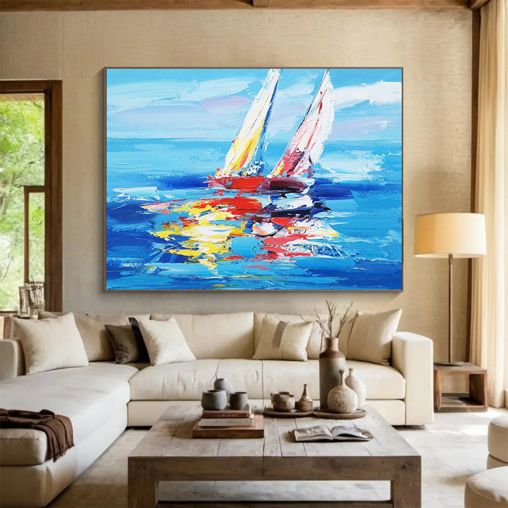 Colorful Sailboats Abstract Painting with Bold Blue and Vibrant Reflections THY268