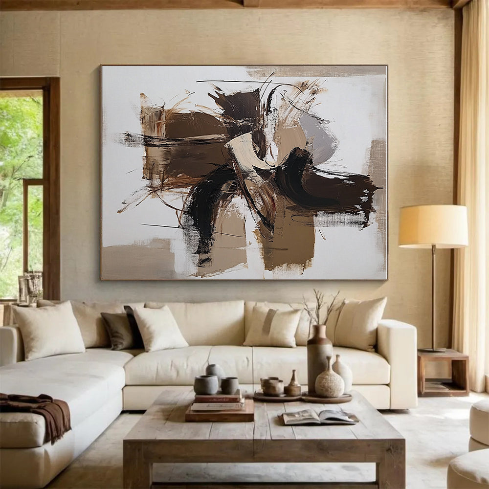 Beige Brown and White Abstract Painting with Energetic Strokes GER639