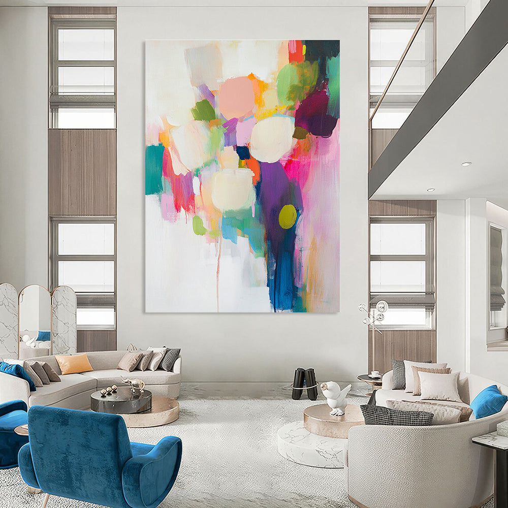 Large abstract painting featuring vibrant brush strokes on a white background with soft colors and dynamic composition in light pink turquoise blue and lime green.STSC761