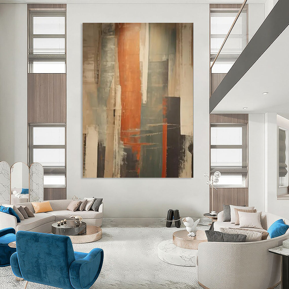 Vertical Color Streaks Abstract Painting with Orange, Gray, and Beige ADGE113