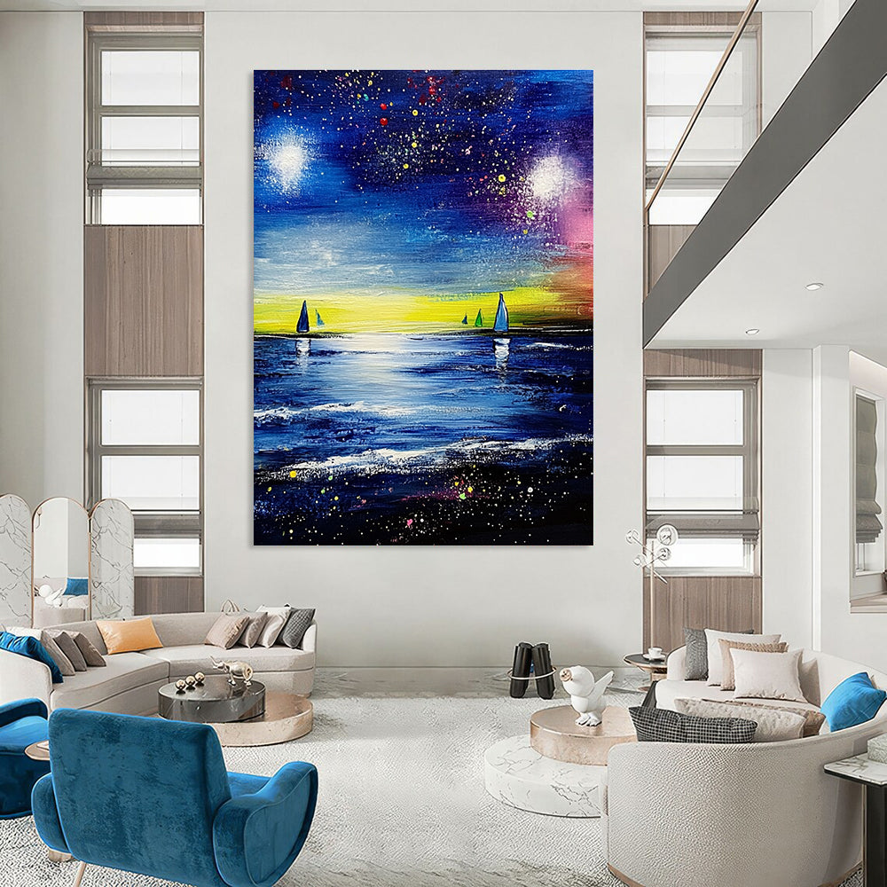 Large abstract painting featuring a vibrant blue sea and sky with stars and colorful sailboats in the distance.STSC526