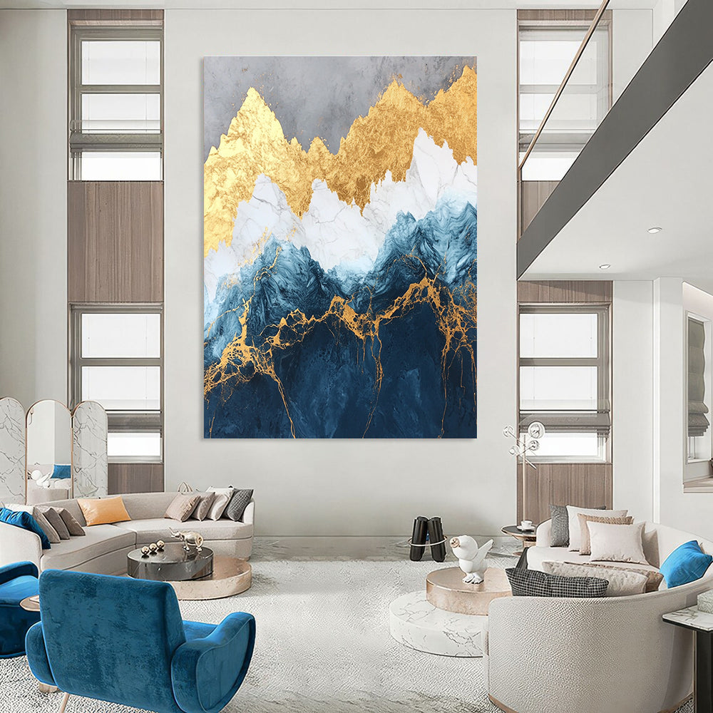 Large abstract marble and gold painting of mountains in deep blue and white with golden accents showcasing luxurious texture and detailed elegance.STSC123