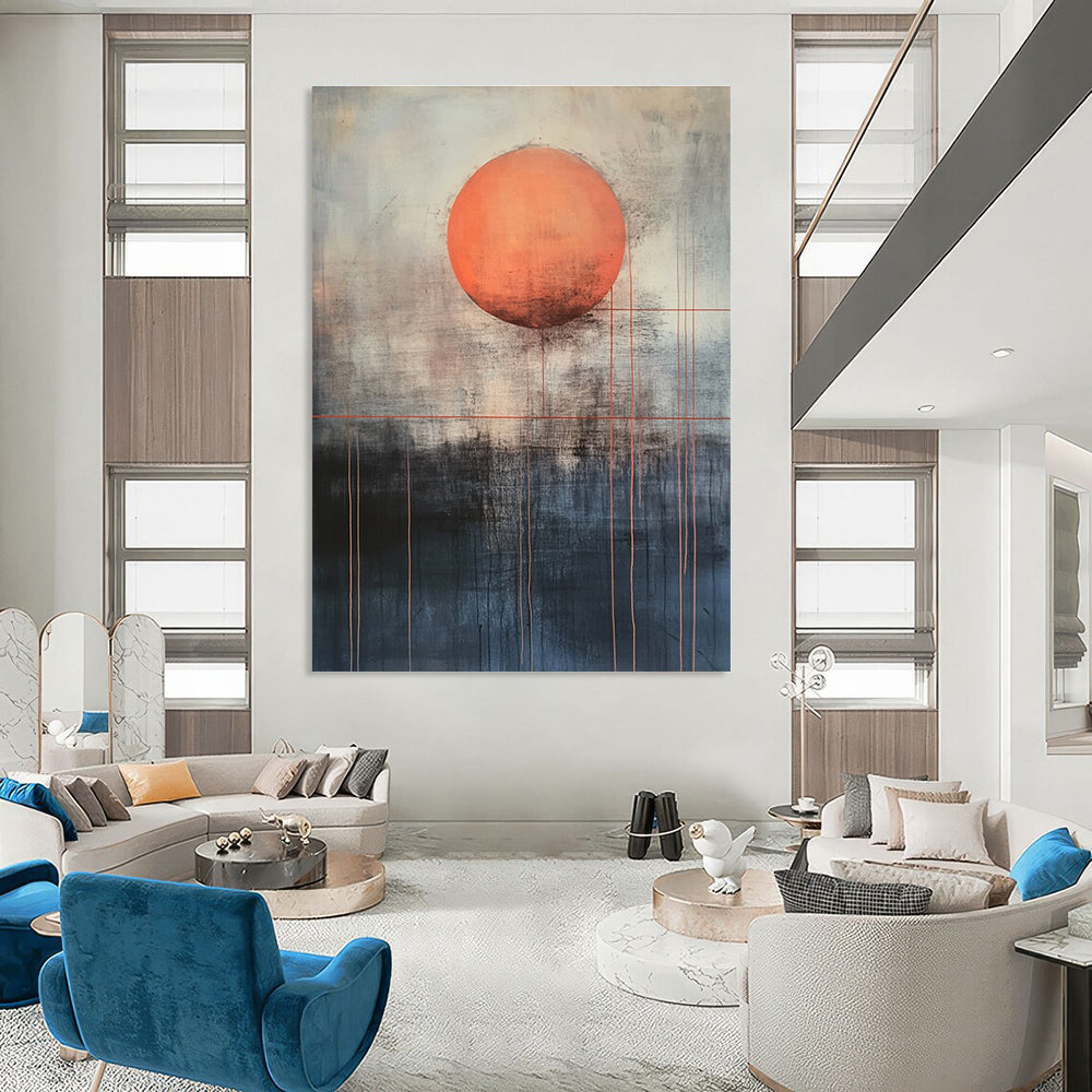 Large abstract painting featuring a mysterious orange sun above dark gray and light blue background with red lines evoking calmness and inner power.STSC1138
