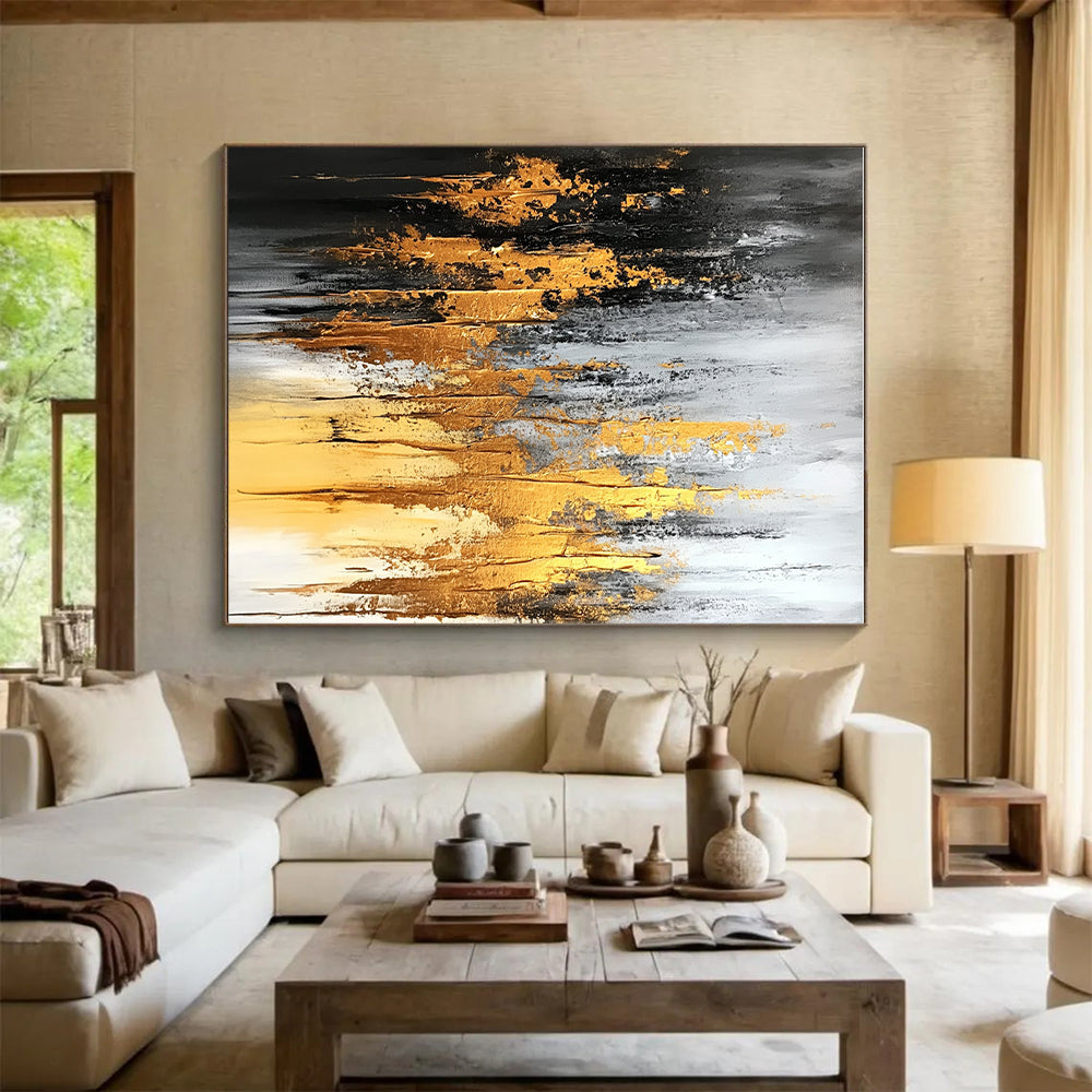 Gold Gray and Black Abstract Painting with Dripping Effects GER696