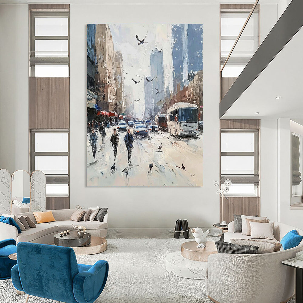 Vibrant abstract painting depicting a bustling city street with people cars and tall buildings in soft pastel colors and impressionist style.STSC930