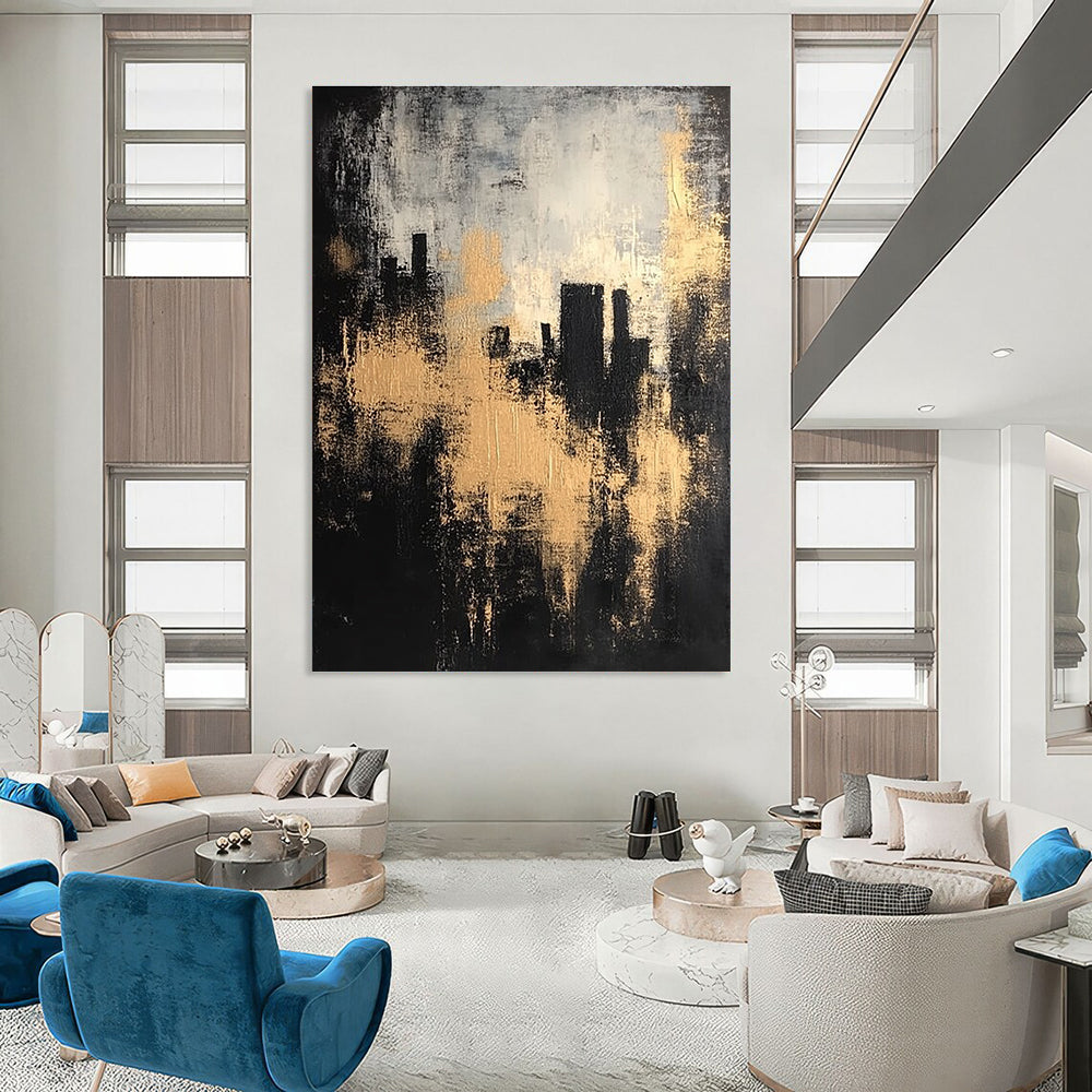 Large abstract painting featuring a black and gray background with golden highlights and silhouettes of buildings in an atmospheric, vintage style.STSC213