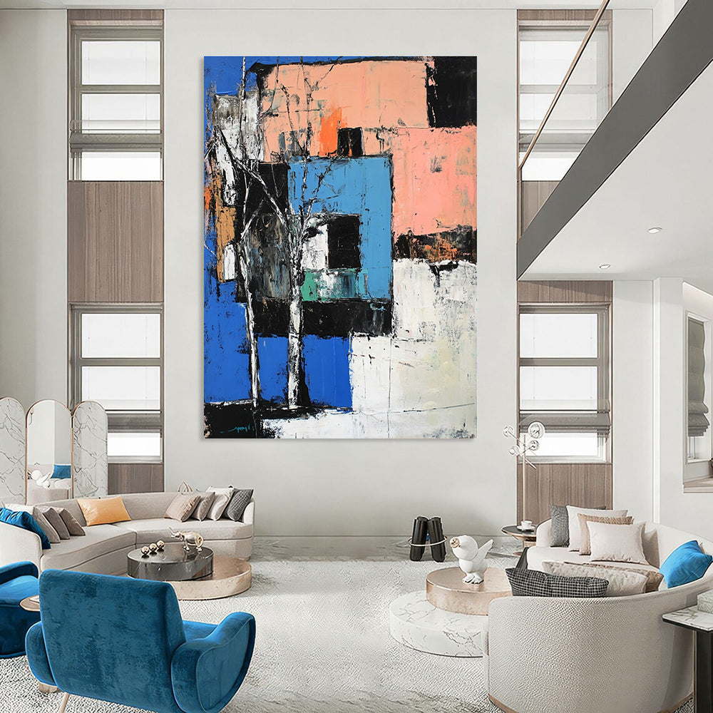 Large abstract painting of a building in blue peach and white inspired by expressive styles of John Marin and Richard Diebenkorn.STSC1108