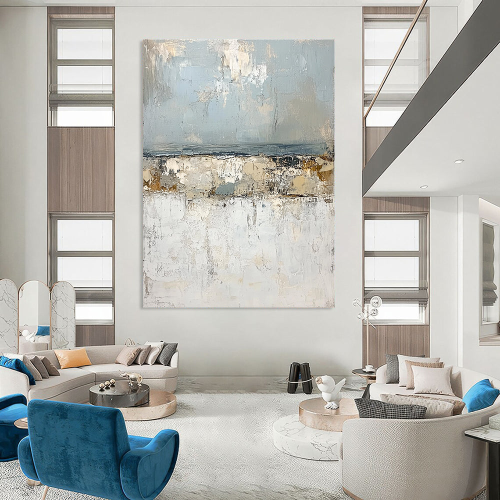 Large abstract painting of the open sea featuring impasto textures light blue and gray tones with serene landforms in white creating a tranquil atmosphere.STSC270