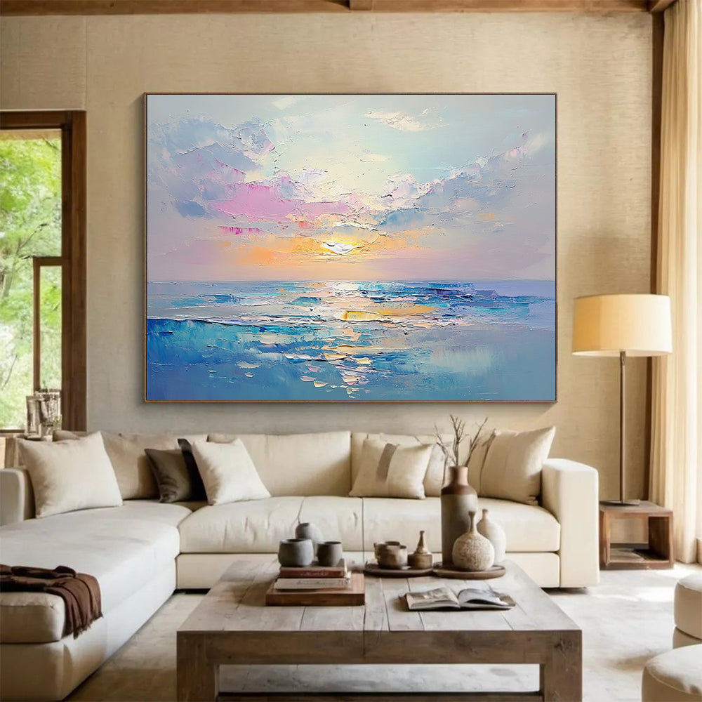 A large abstract painting capturing a tranquil sea at sunrise with pastel colors and detailed brush strokes creating a dreamy ocean landscape.SC418