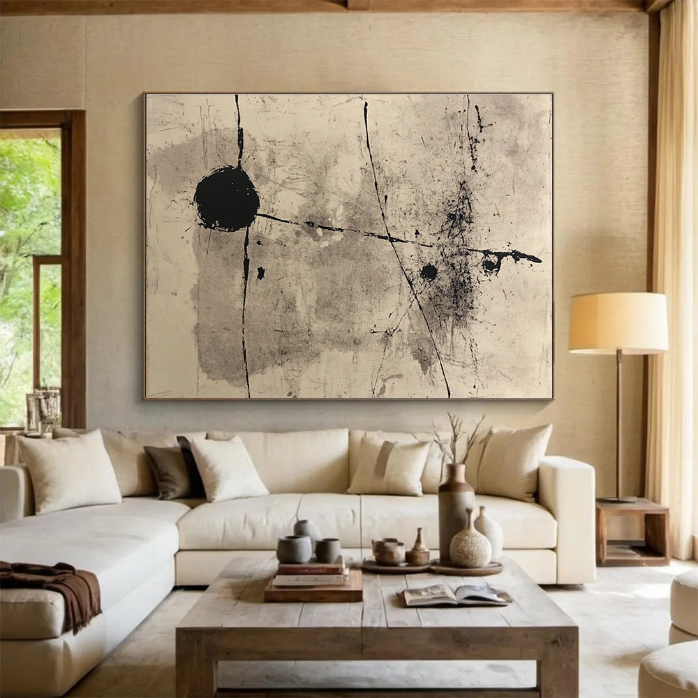 Large abstract painting with black ink, lines and shapes inspired by John Rolf Bauer, featuring neutral tones on paper.SC093