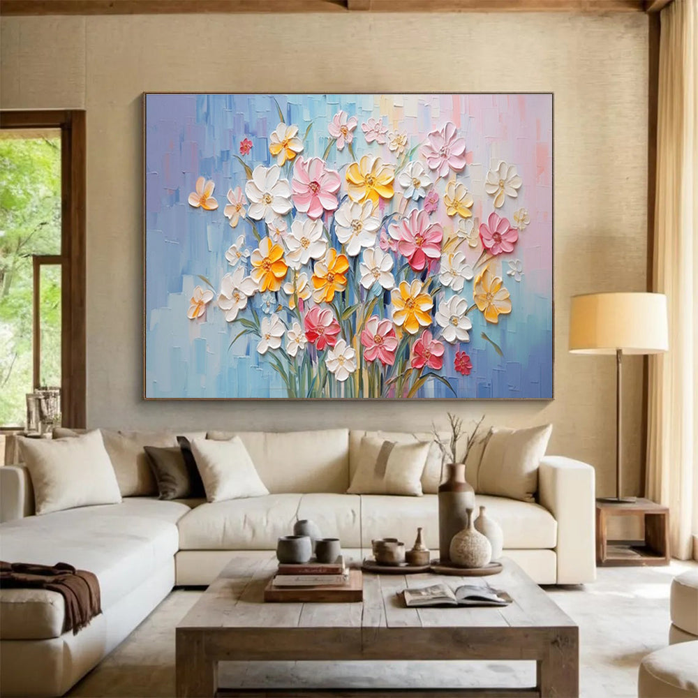 Textured Flower Bouquet Abstract Painting with Pink, Yellow, and White Tones THY210