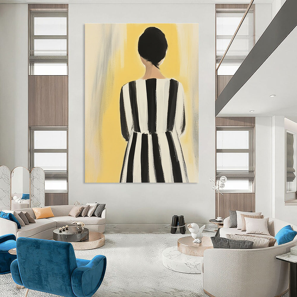 An abstract painting of a woman in a striped dress showcases feminine colors against a soft yellow background with bold black and white stripes.STSC1259