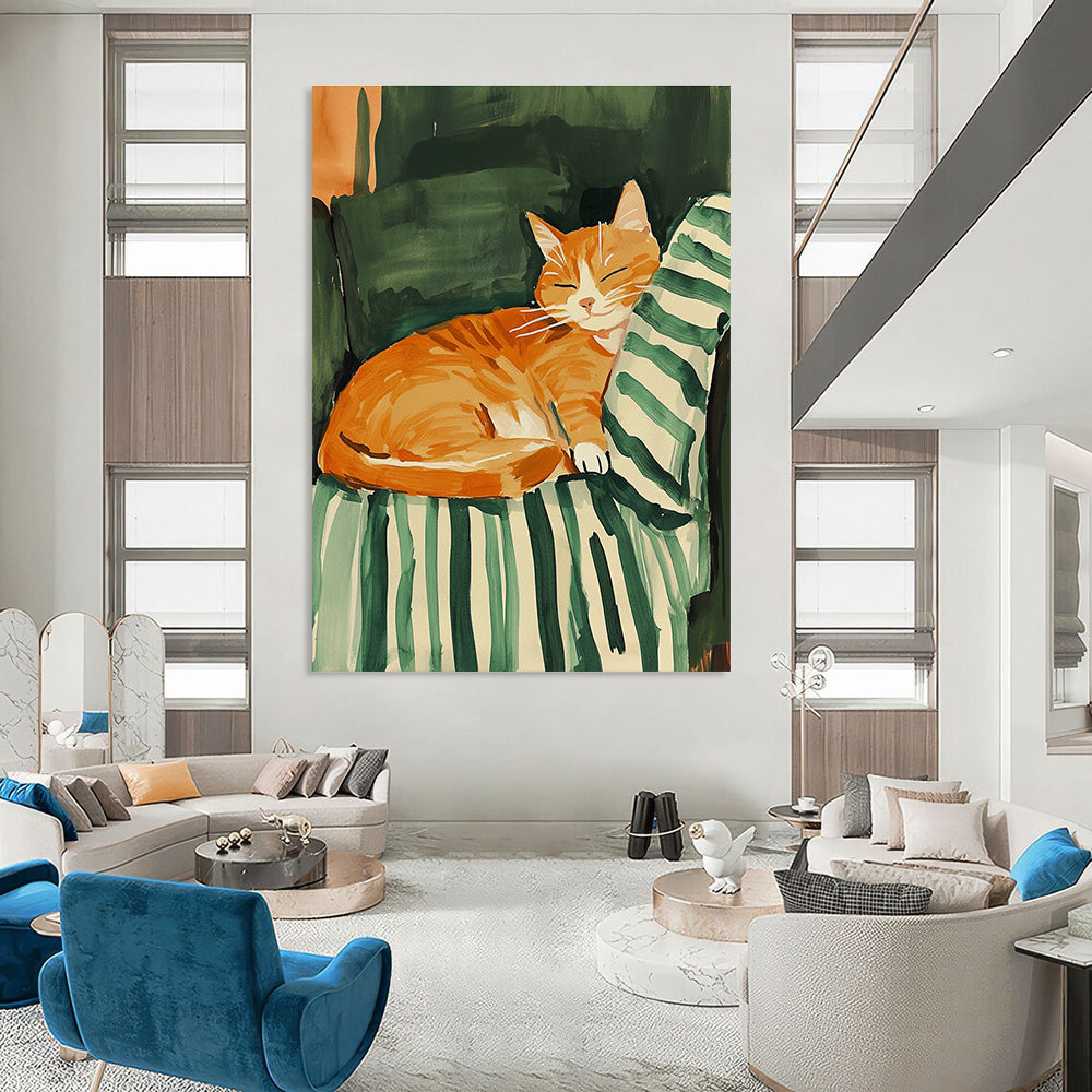 A vibrant abstract gouache painting featuring a joyful orange cat on a striped green blanket, inspired by Maira Kalman's pastel style.STSC1016