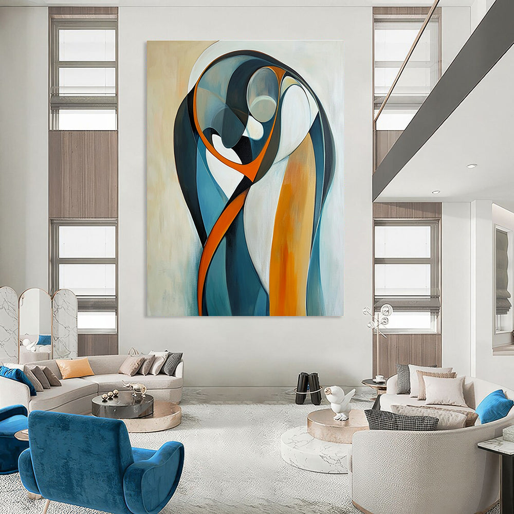 Large abstract painting of two figures embracing in curved lines and bold geometric shapes with a serene gradient background.STSC711