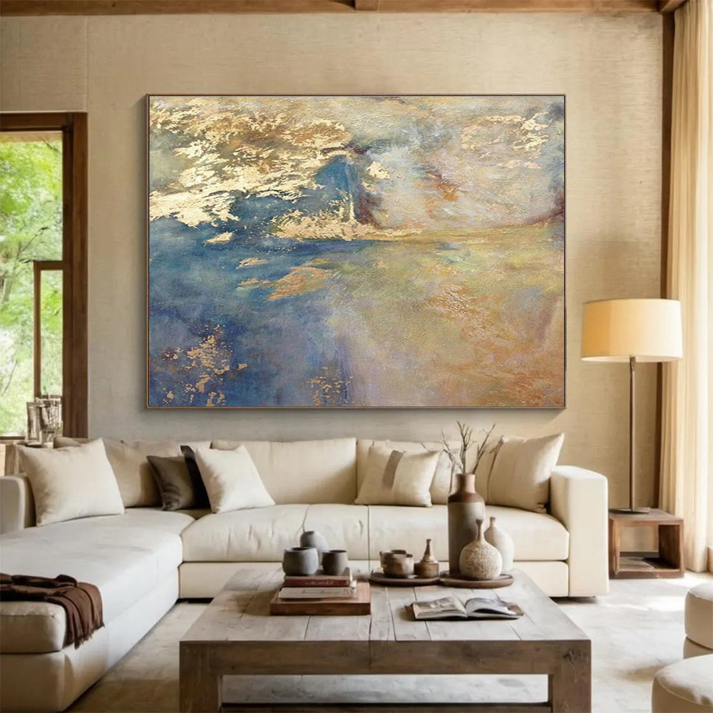 Blue Gold Abstract Painting with Radiant, Coastal - Sunset Vibes THY399