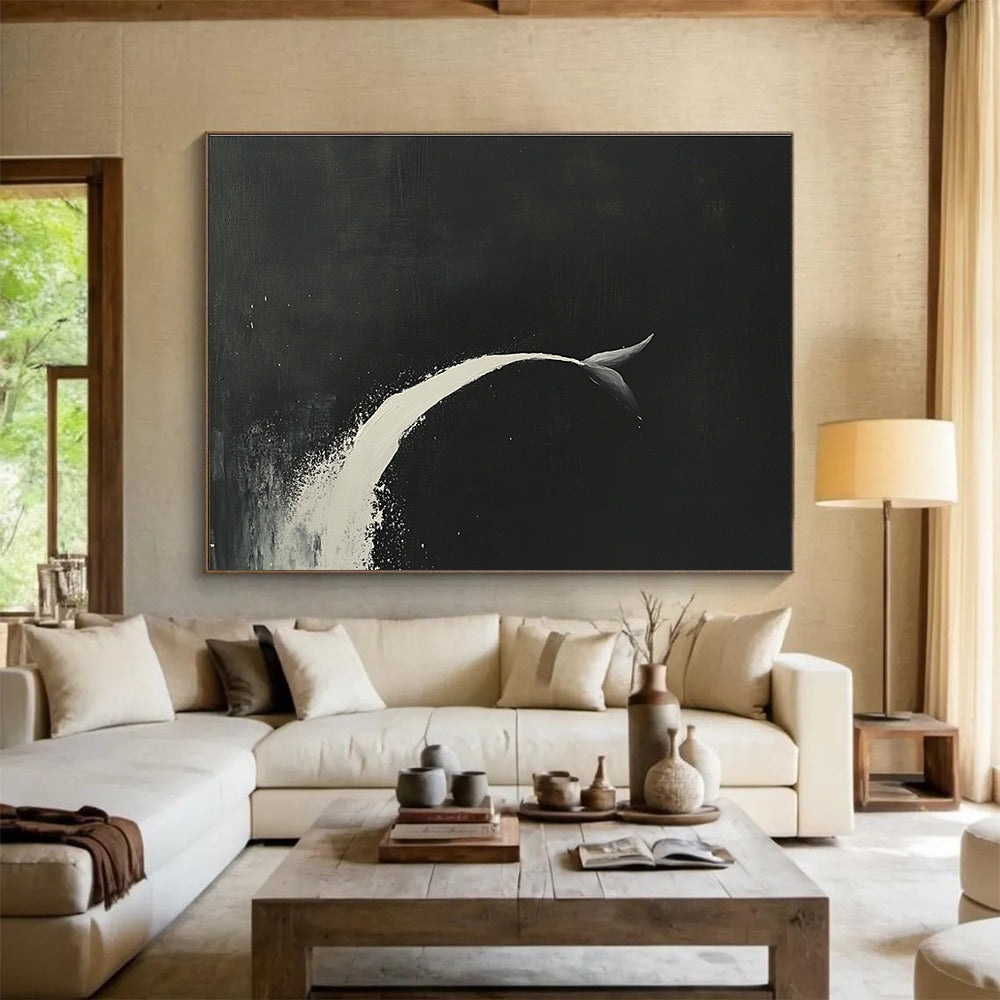 Minimalist Whale Tail Abstract Painting with Black and White Tones DYP345