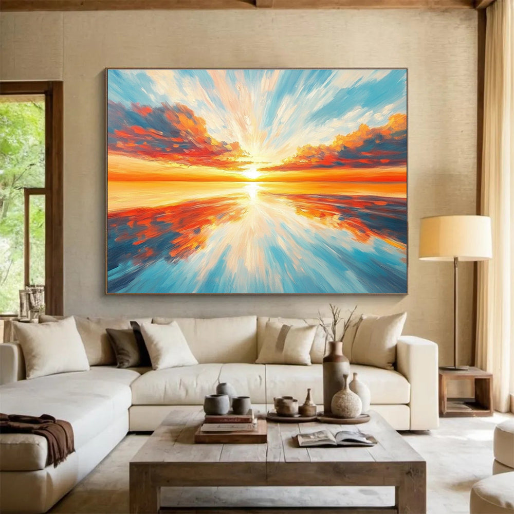 Radiant Sunset Sea Abstract Painting with Orange Red and Blue Tones DYP562