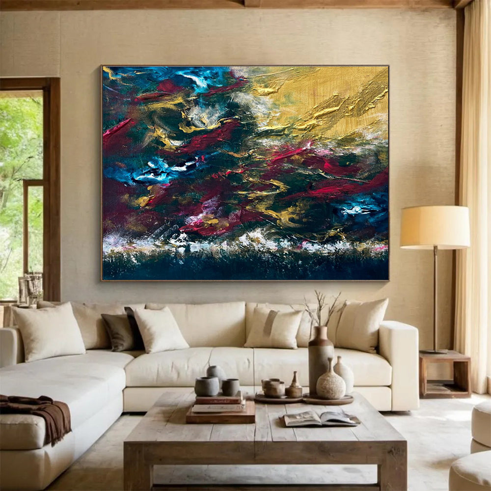 Blue Gold Red Abstract Painting with Rich, Passionate Tones THY383